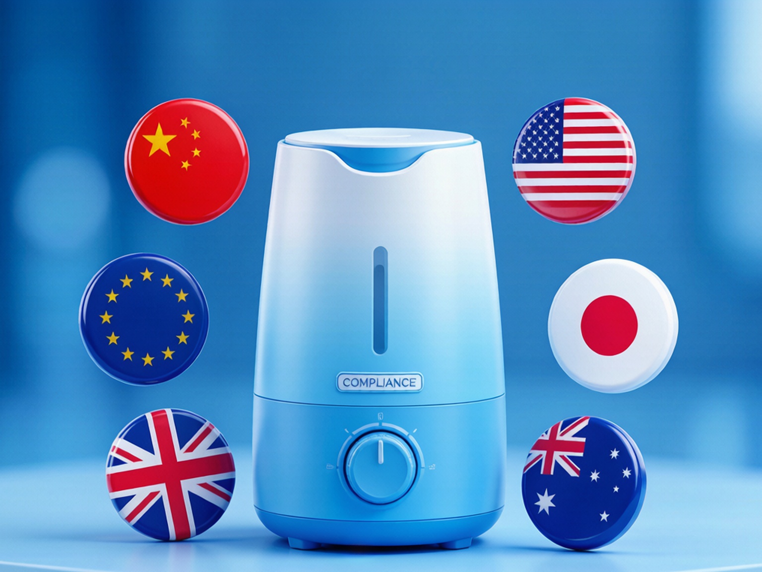 加湿器出口合规指南:中欧美日澳准入标准对照插图1 加湿器与多国国旗合规示意