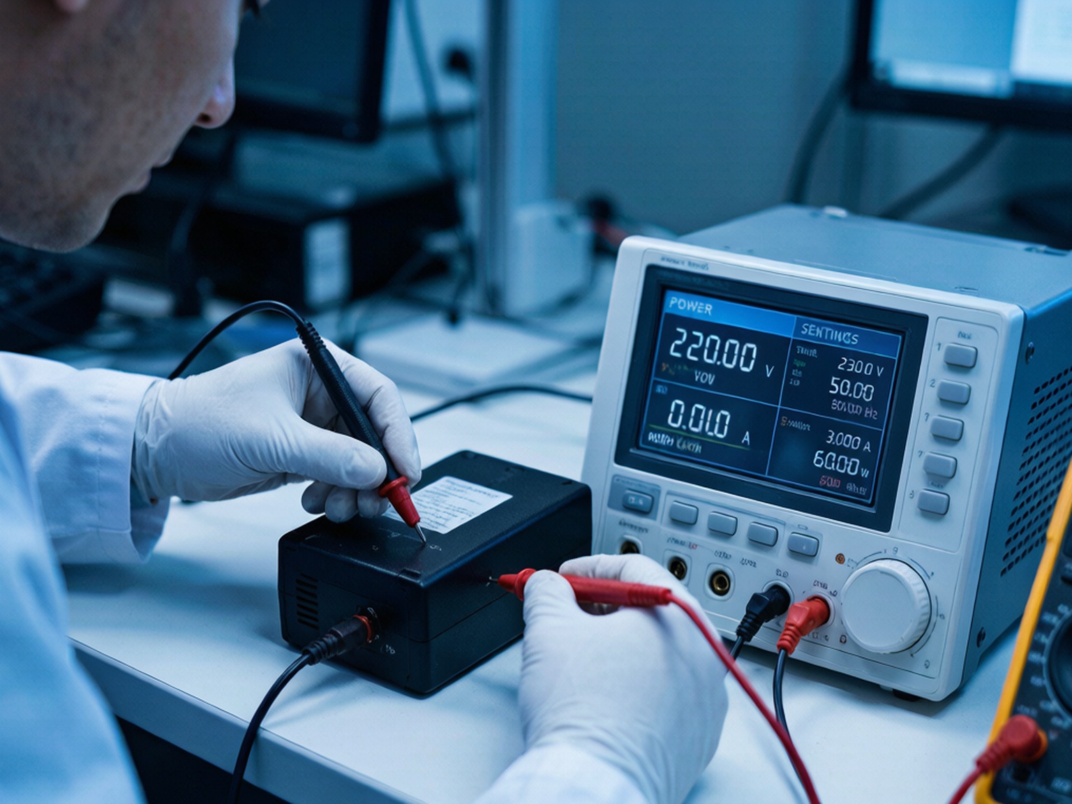 Charger electrical testing laboratory scene